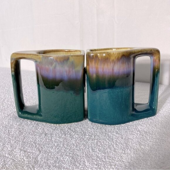 Vintage Rodolfo Padilla Artist Signed Green Purple Drip Glazed Mugs x2 - Picture 5 of 10